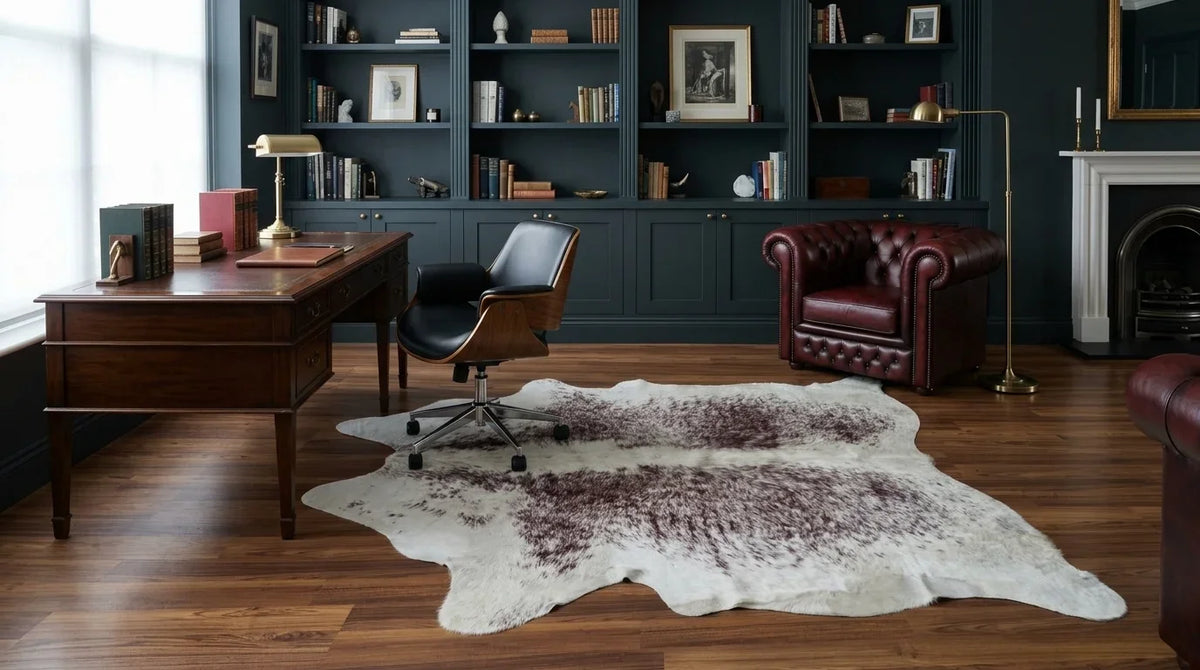 Brown and White cowhide rug under desk in london townhouse home office