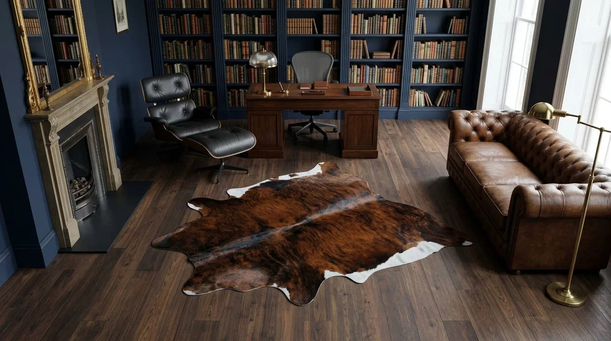 Brown and White cowhide rug under desk in London Townhouse home office