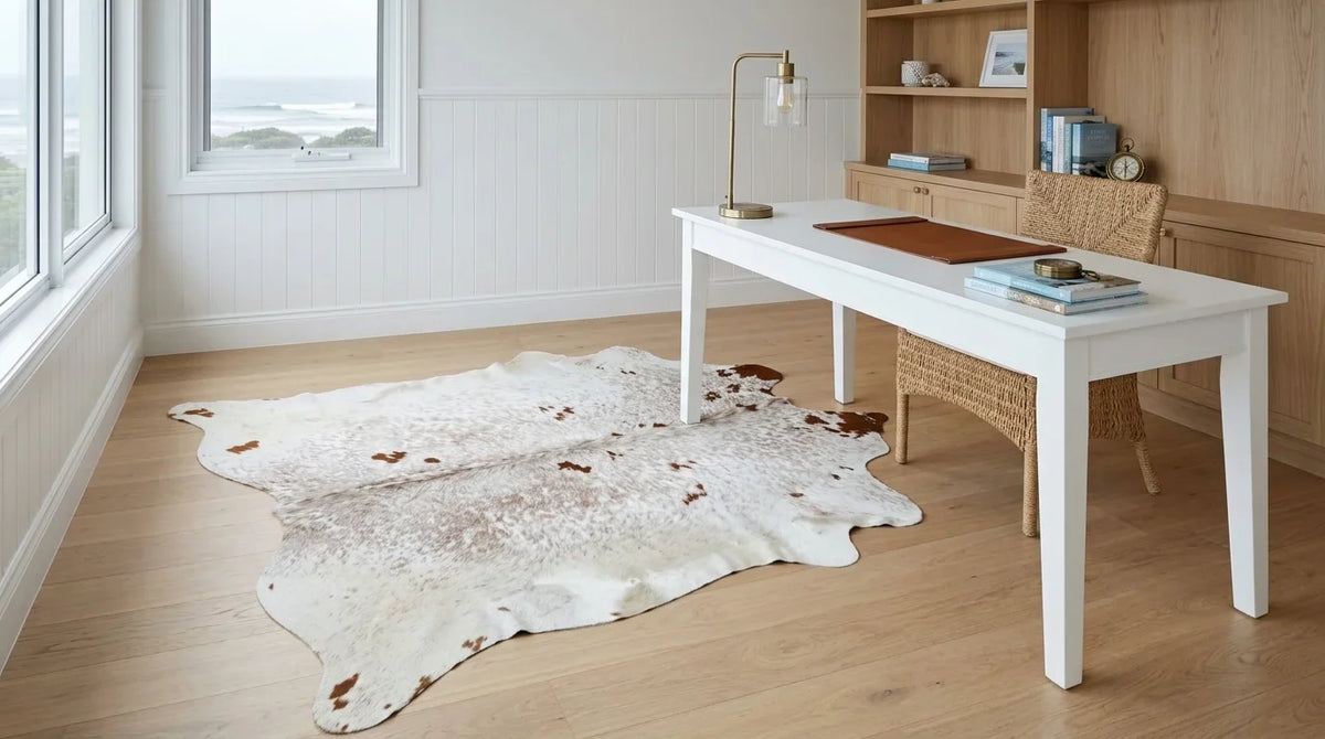 Brown and White cowhide rug under desk in Hamptons Coastal home office