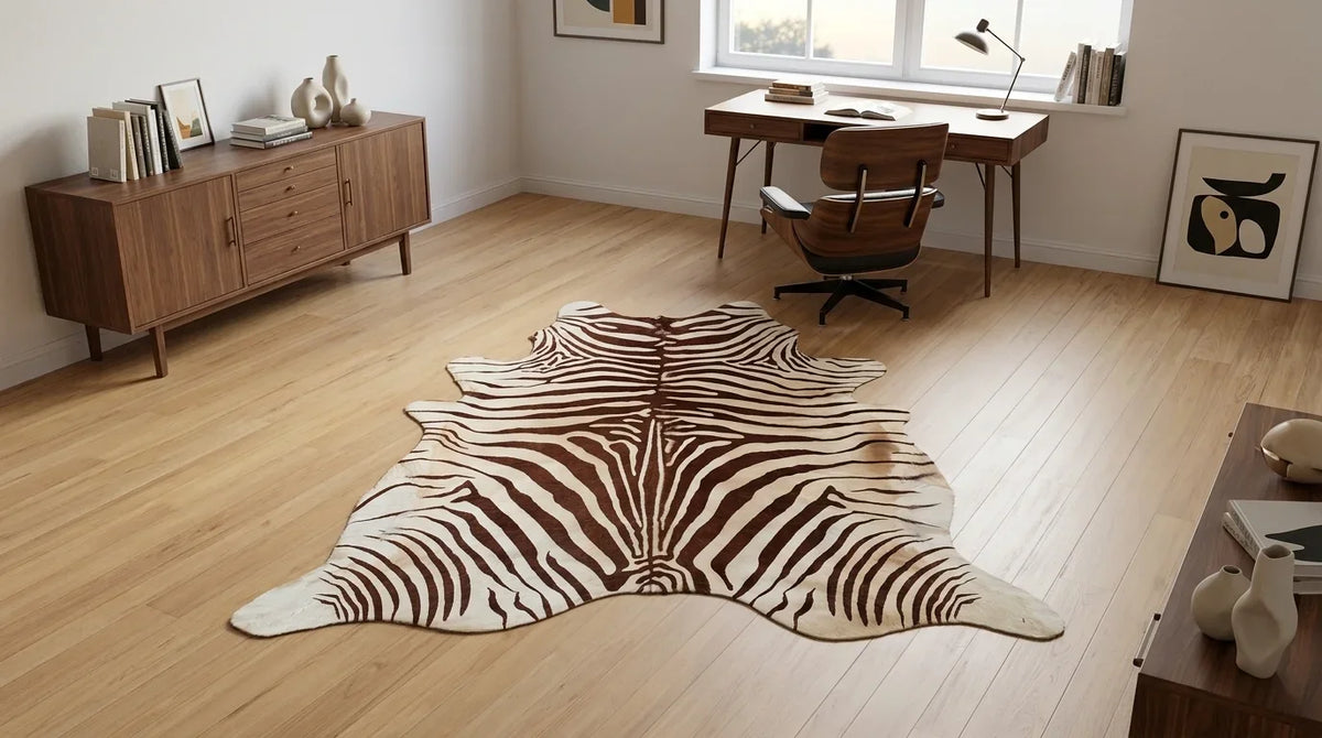 Brown and White cowhide rug under desk in midcentury modern home office