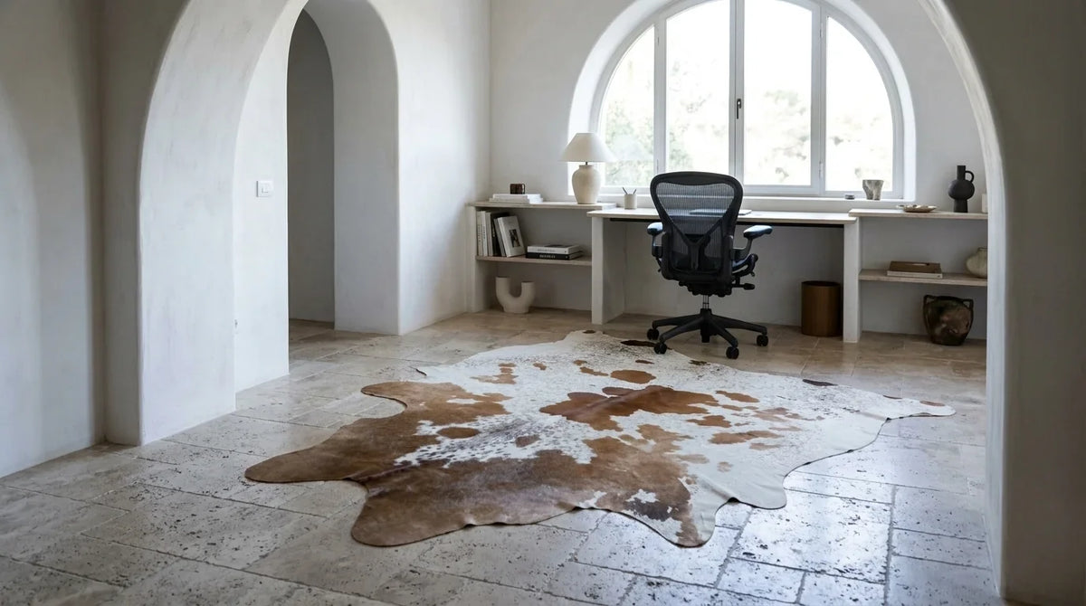 Kuhfell in Braun-Weiß im Arbeitszimmer im mediterranen Villenstil