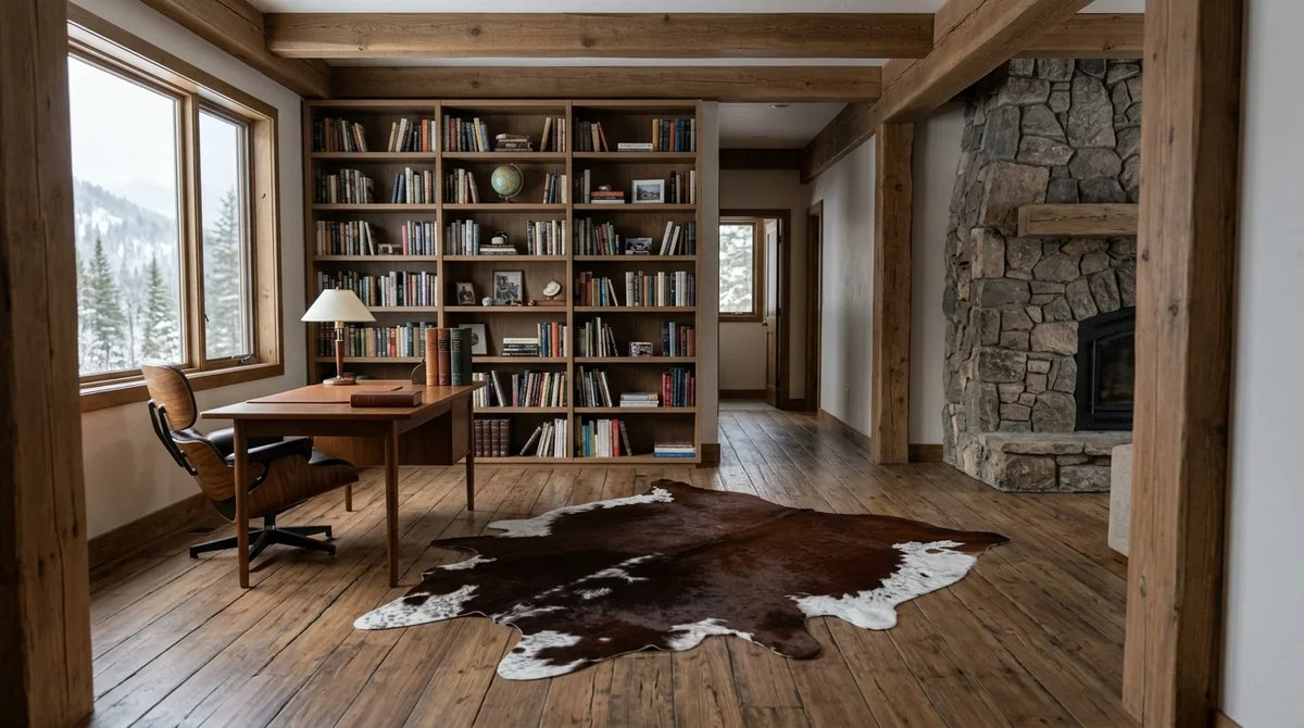 Brown and White cowhide rug under desk in modern chalet home office