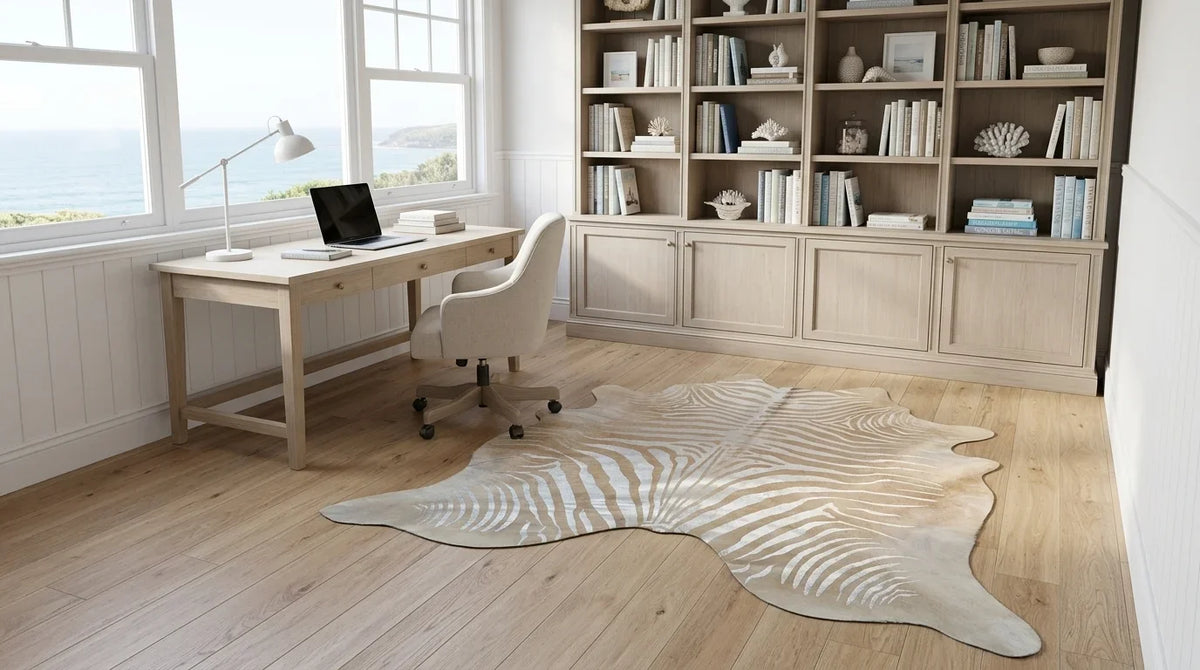 Brown and White cowhide rug under desk in hamptons coastal home office