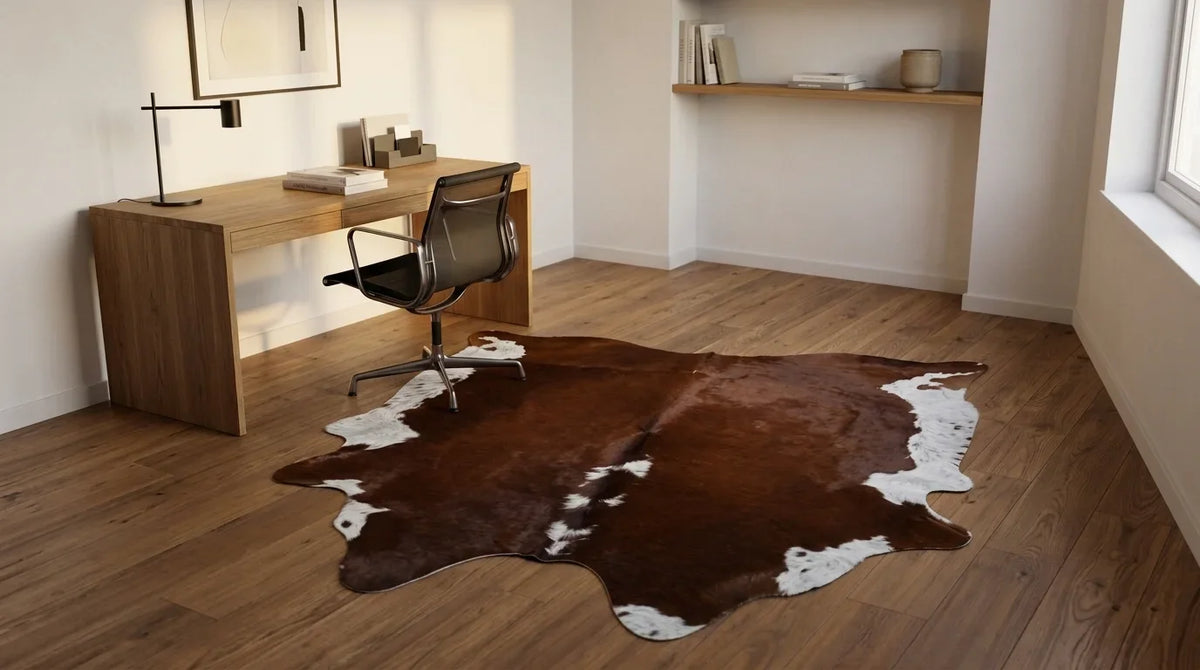 Brown and White cowhide rug under desk in contemporary european home office