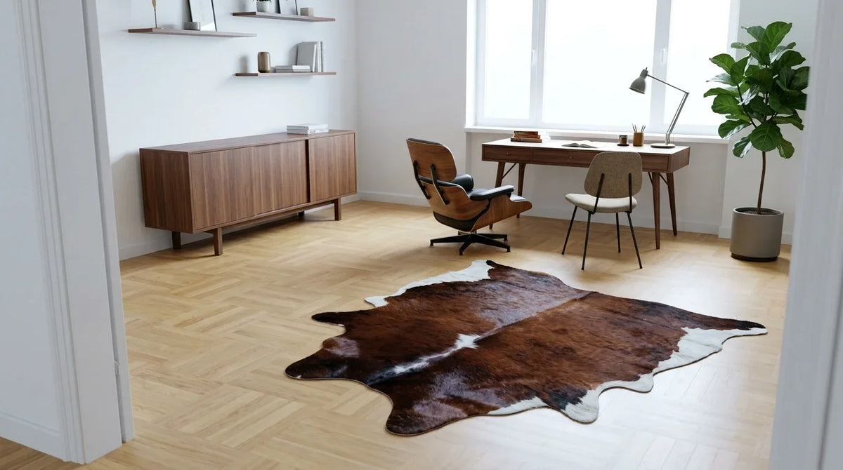 Brown and White cowhide rug under desk in midcentury modern home office