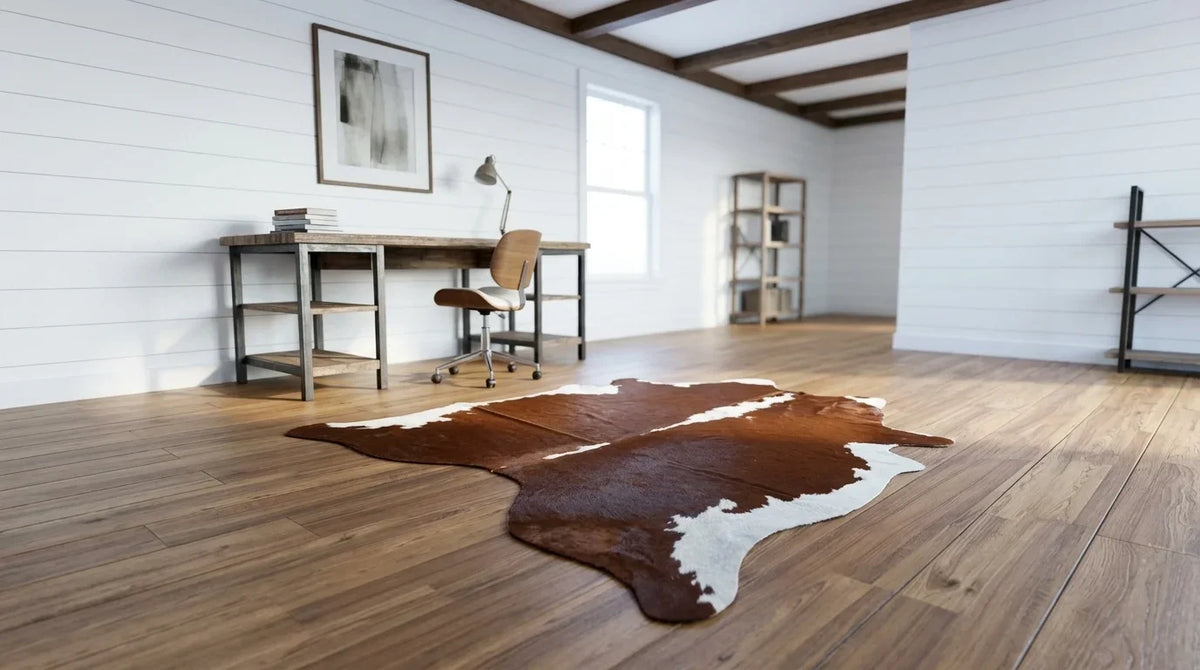 Brown and White cowhide rug under desk in Modern Farmhouse home office