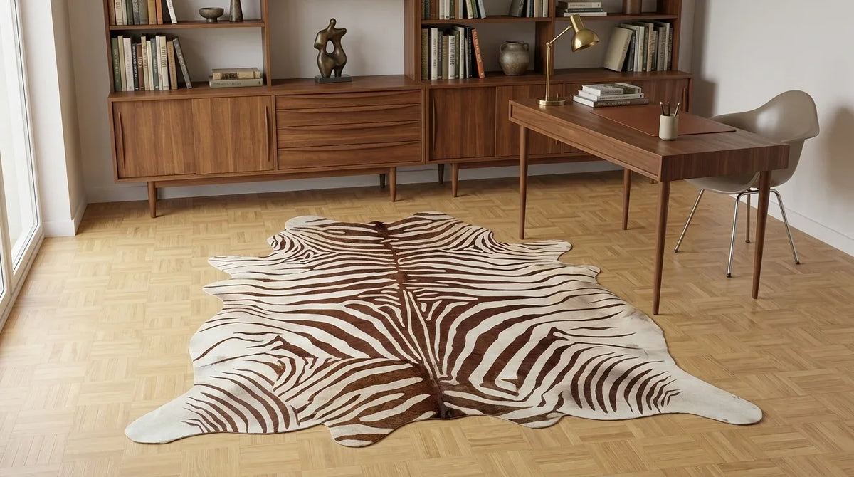 Brown and White cowhide rug under desk in midcentury modern home office