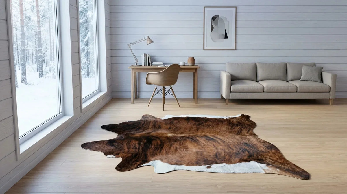 Brown and White cowhide rug under desk in scandinavian cabin home office