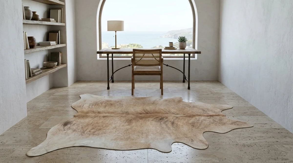 Brown and White cowhide rug under desk in organic mediterranean home office