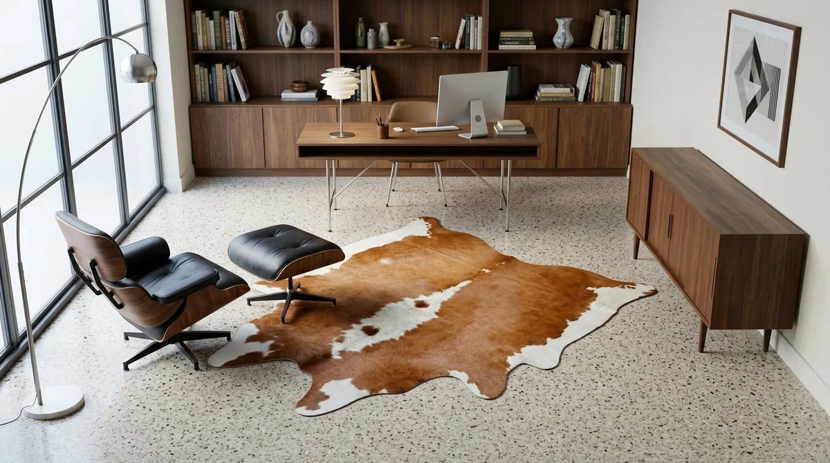 Brown and White cowhide rug under desk in midcentury modern home office