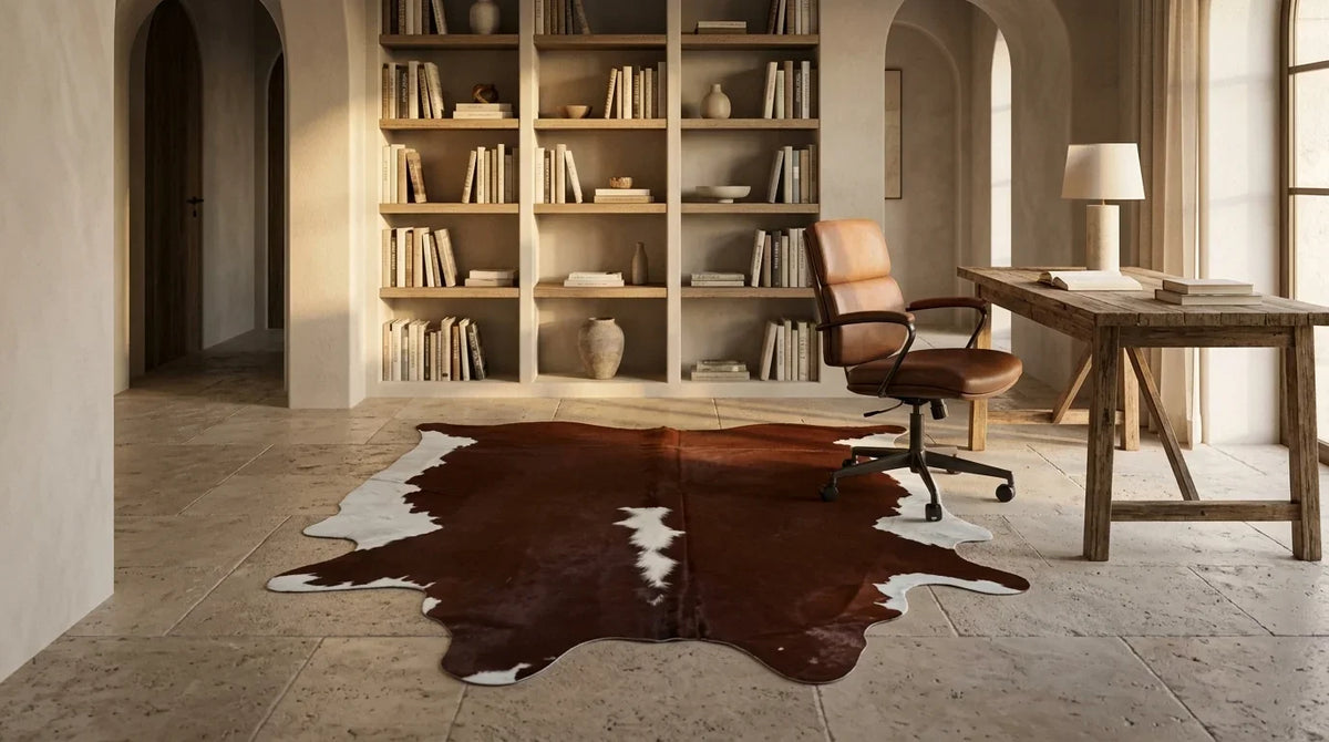 Brown and White cowhide rug under desk in Organic Mediterranean home office