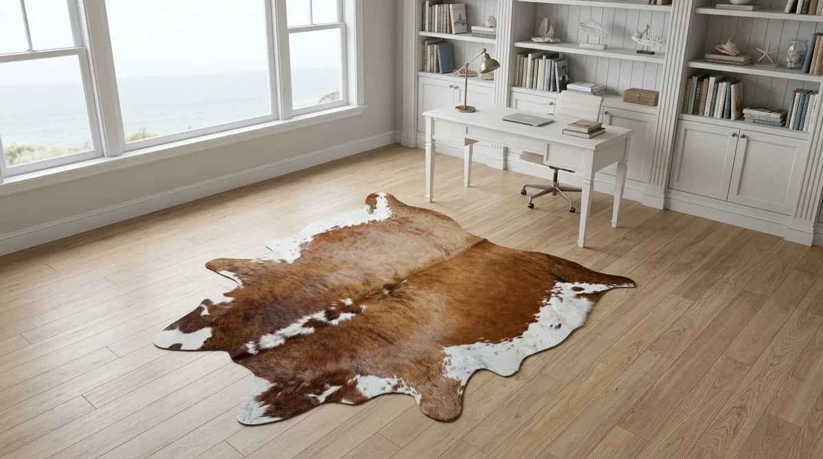 Brown and White cowhide rug under desk in hamptons coastal home office