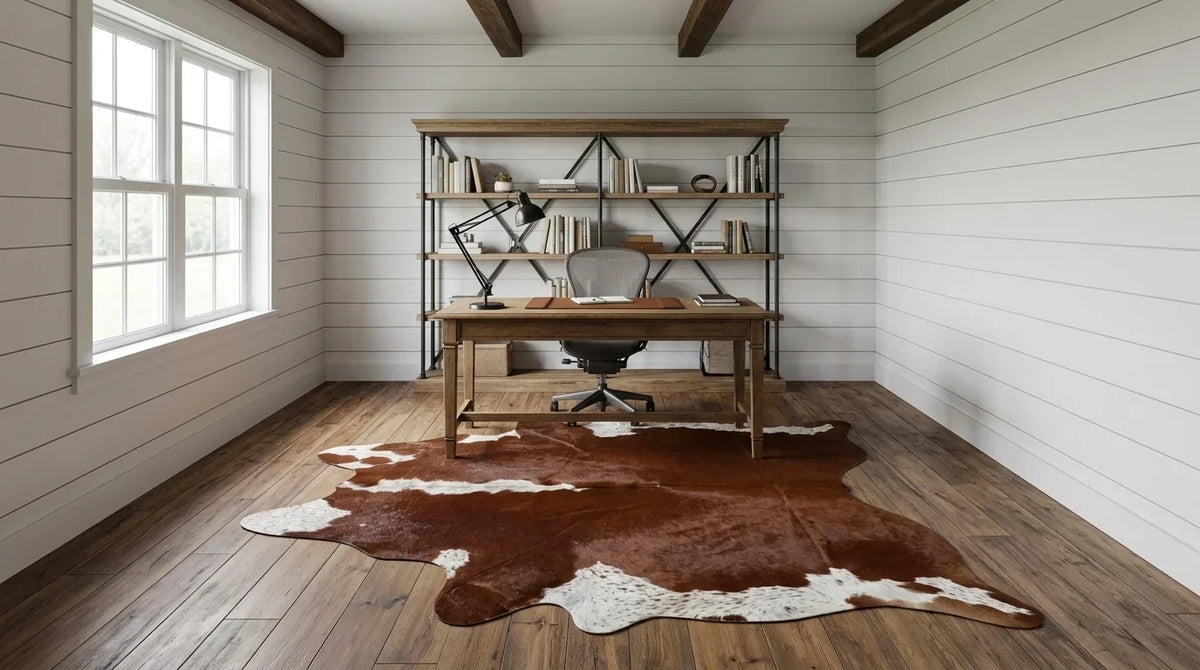 Brown and White cowhide rug under desk in modern farmhouse home office