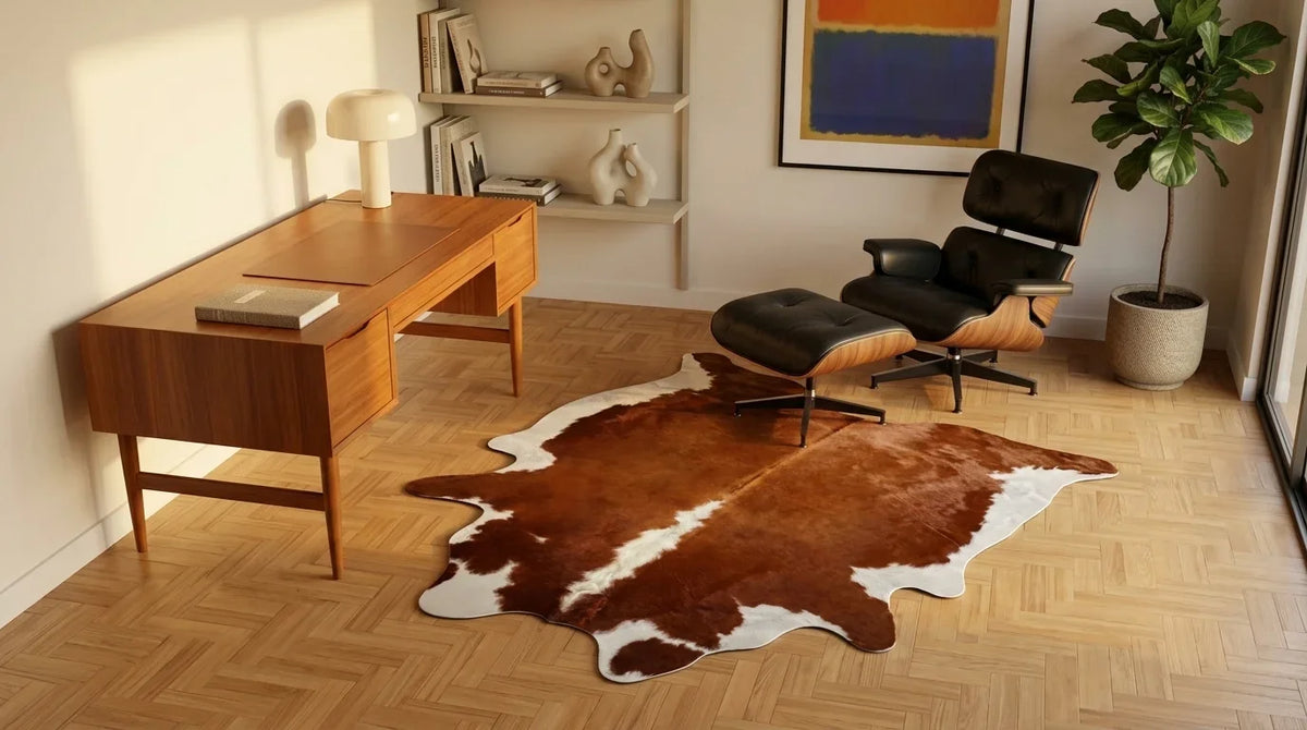 Brown and White cowhide rug under desk in midcentury modern home office