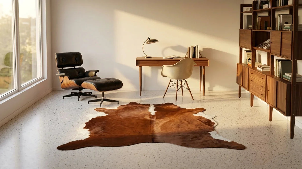 Brown and White cowhide rug under desk in Midcentury Modern home office