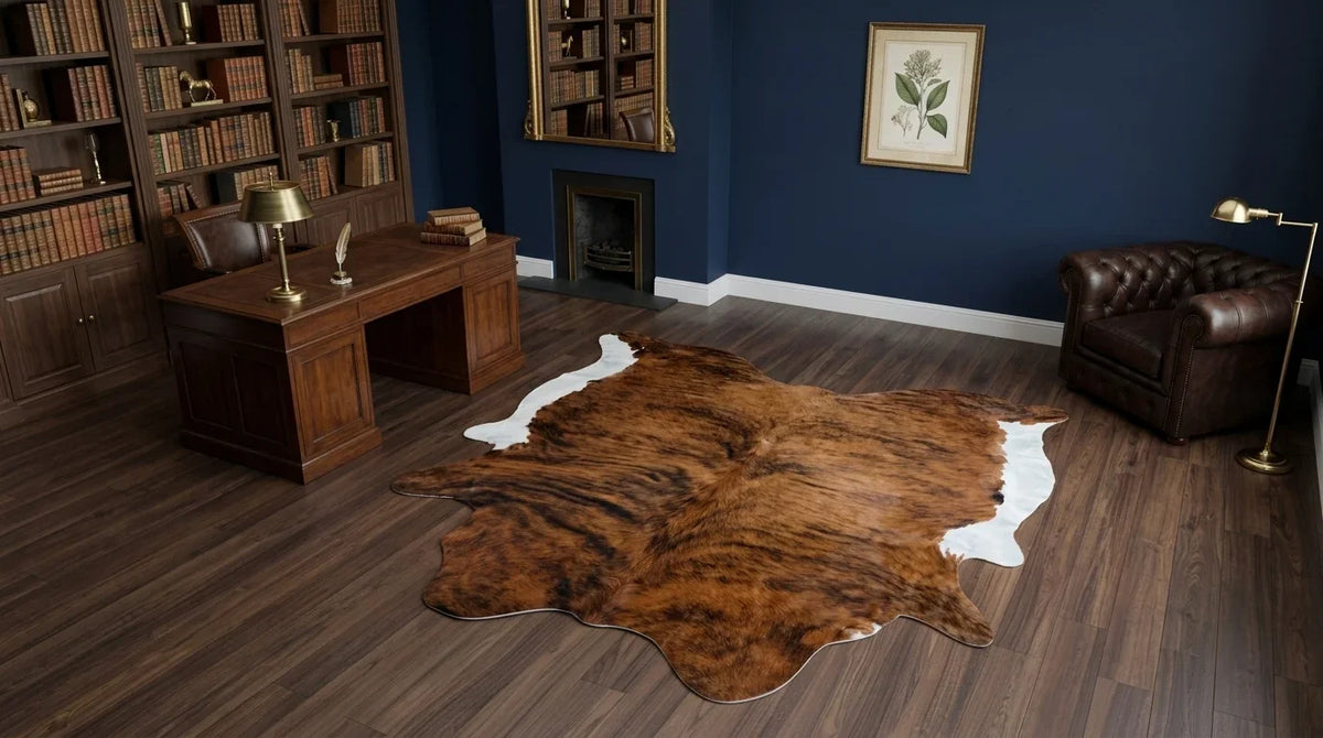 Brown and White cowhide rug under desk in london townhouse home office