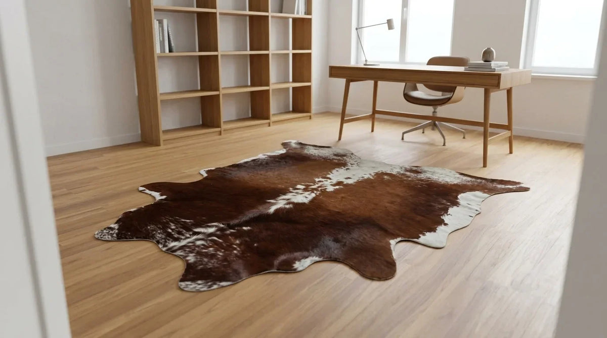 Brown and White cowhide rug under desk in Contemporary European home office