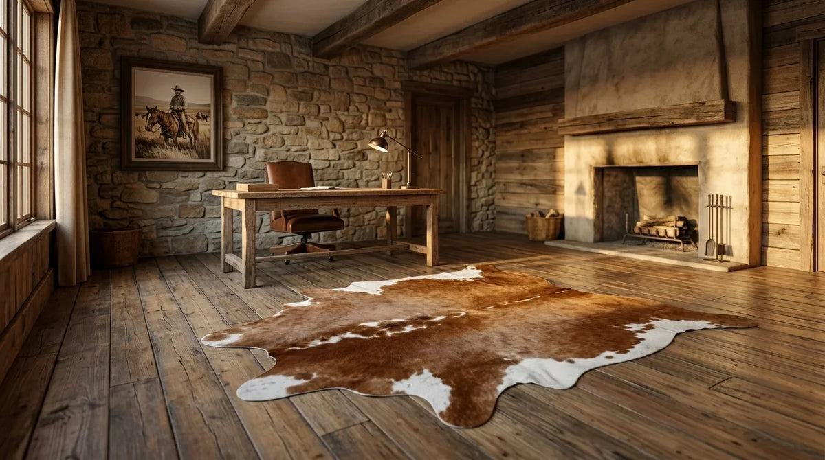 Brown and White cowhide rug under desk in texas ranch home office