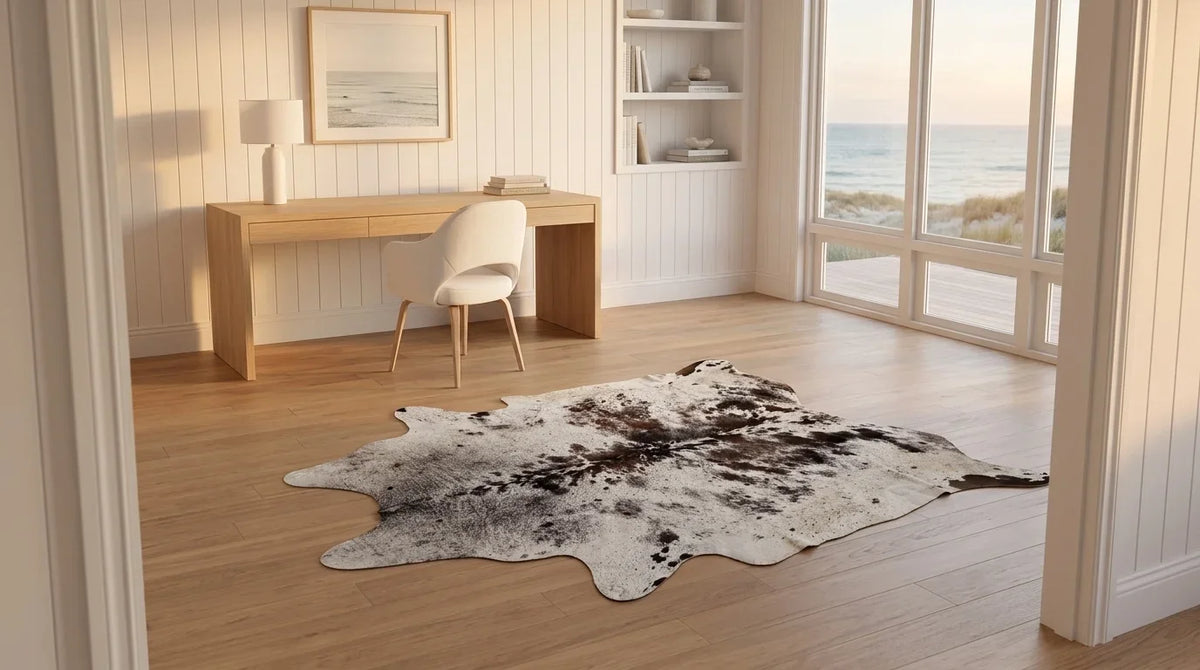 Brown and White cowhide rug under desk in Hamptons Coastal home office
