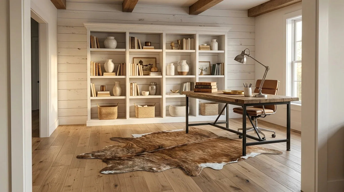 Brown and White cowhide rug under desk in modern farmhouse home office