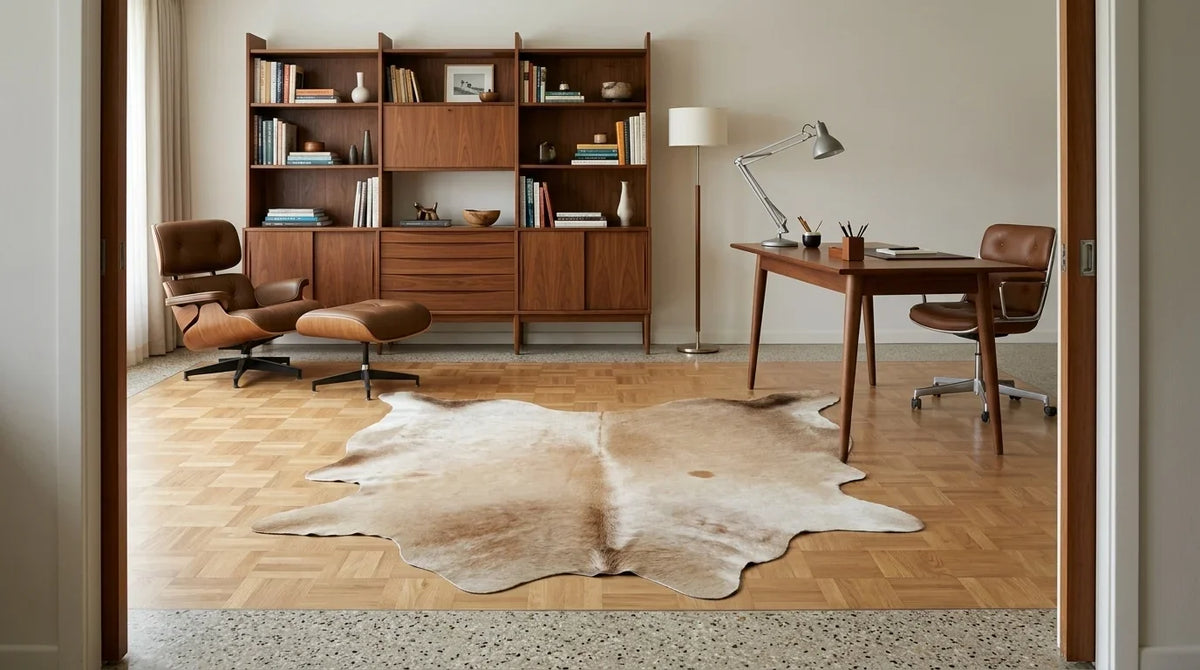 Brown and White cowhide rug under desk in midcentury modern home office