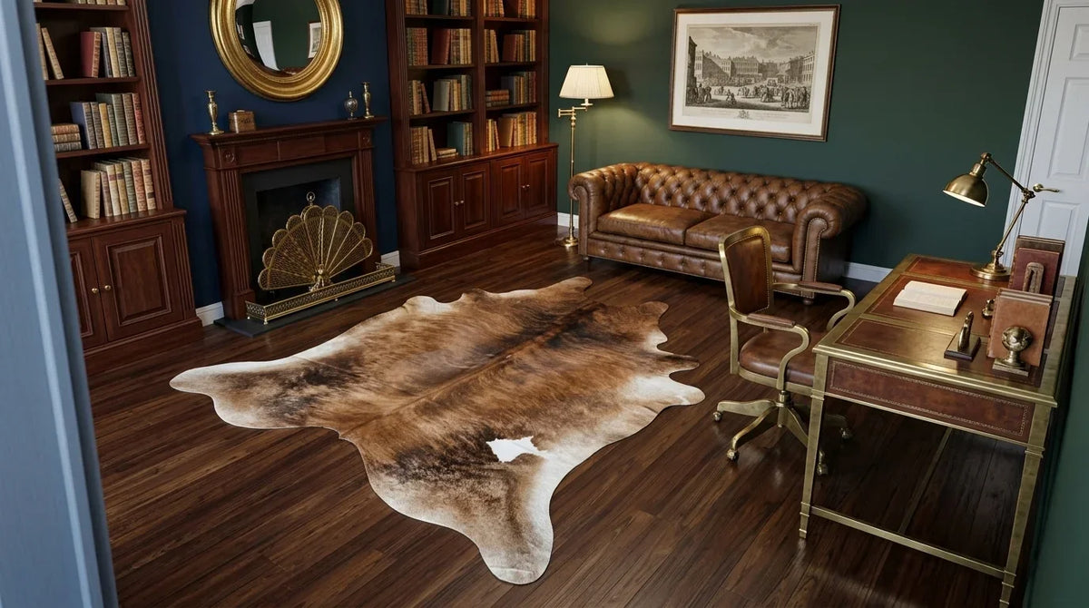 Brown and White cowhide rug under desk in london townhouse home office