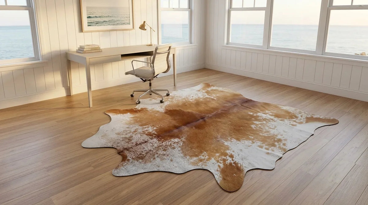 Brown and White cowhide rug under desk in hamptons coastal home office