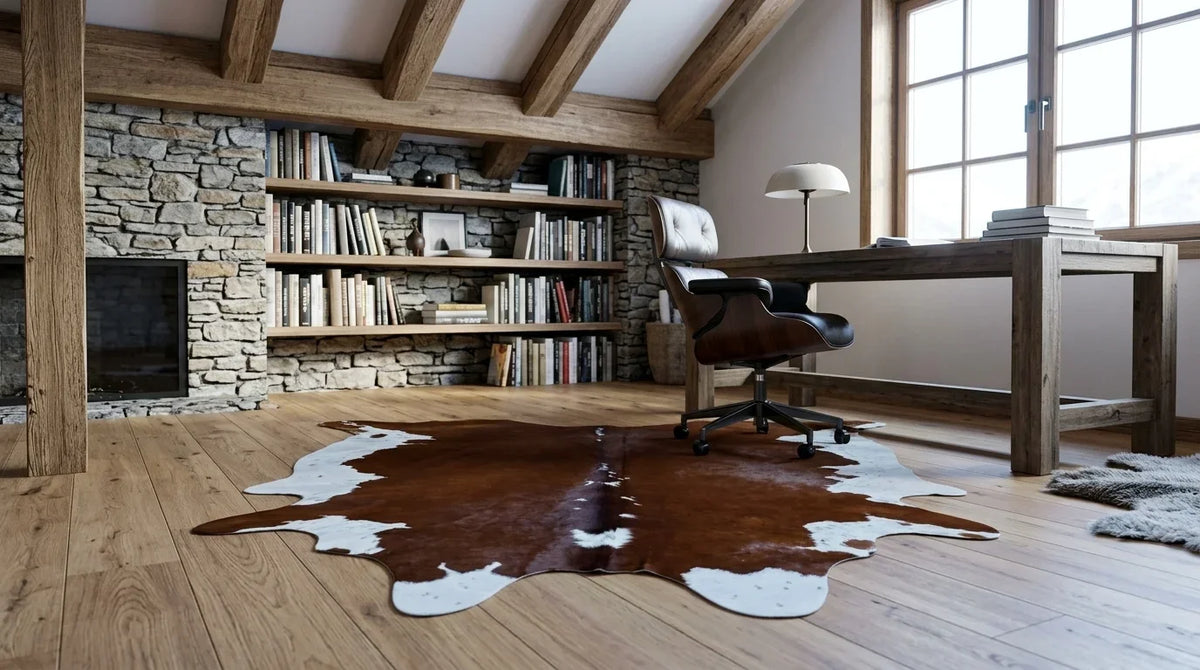 Brown and White cowhide rug under desk in modern chalet home office