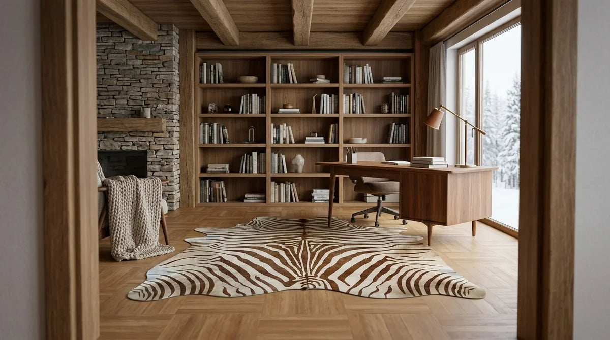 Brown and White cowhide rug under desk in modern chalet home office