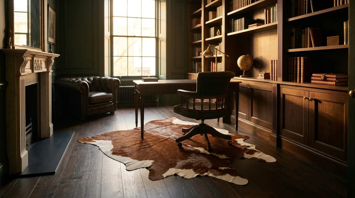 Brown and White cowhide rug under desk in london townhouse home office