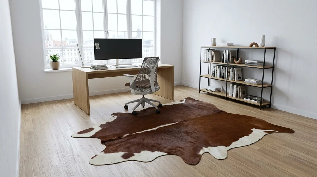 Kuhfell in Braun-Weiß im Arbeitszimmer im zeitgenössischen europäischen Stil
