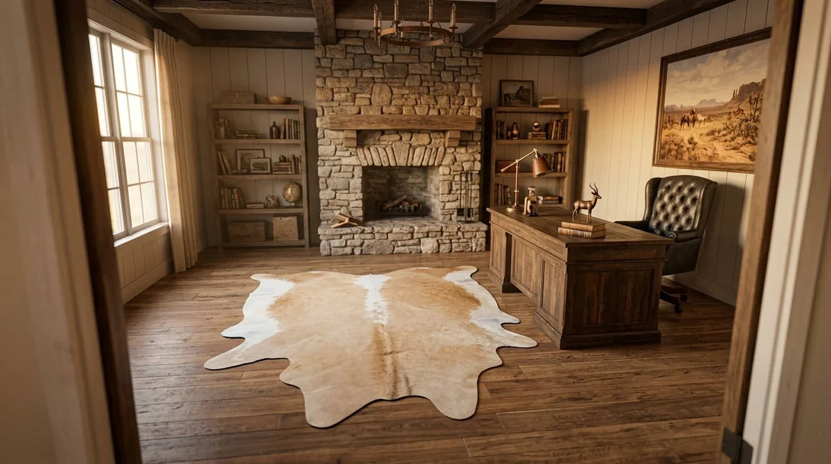 Brown and White cowhide rug under desk in Texas Ranch home office