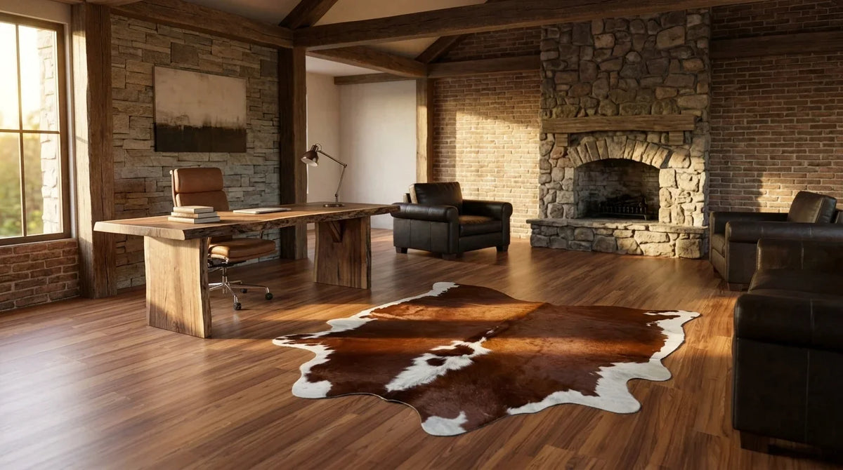 Brown and White cowhide rug under desk in texas ranch home office