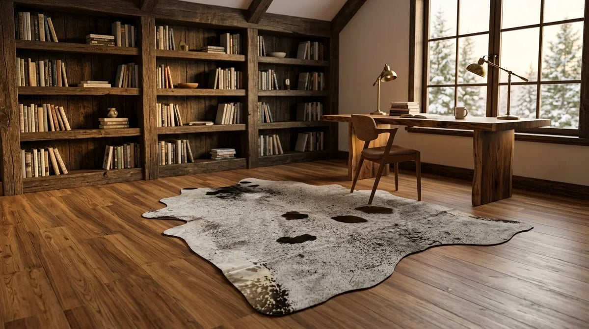 Brown and White cowhide rug under desk in modern chalet home office