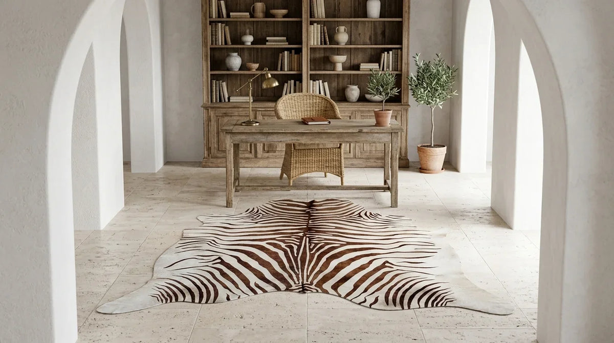 Brown and White cowhide rug under desk in organic mediterranean home office