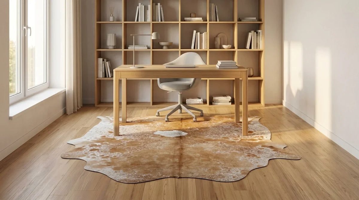 Brown and White cowhide rug under desk in Contemporary European home office