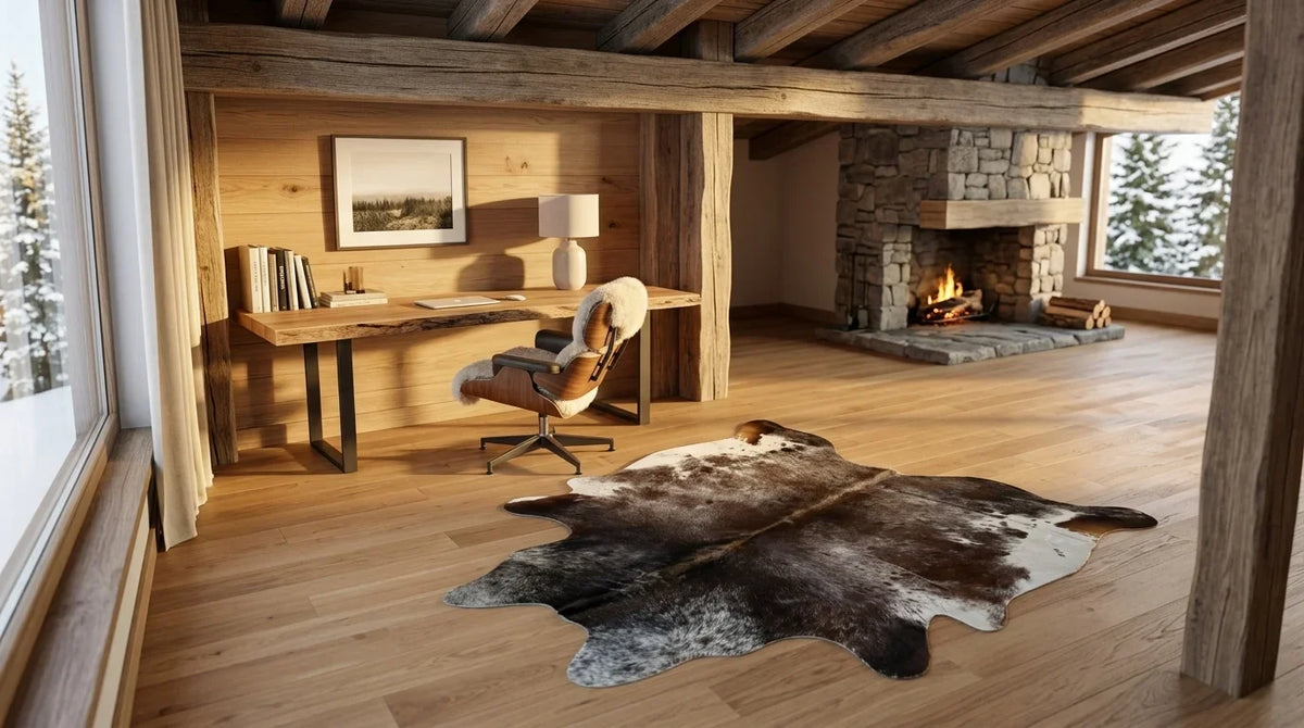 Brown and White cowhide rug under desk in modern chalet home office