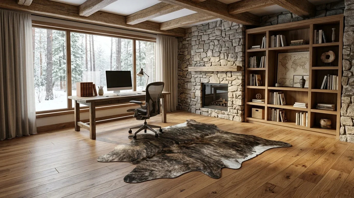 Brown and White cowhide rug under desk in modern chalet home office