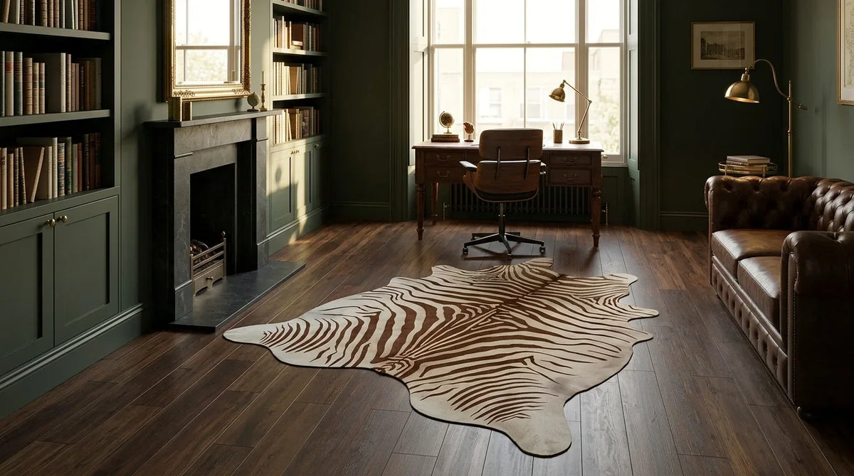 Brown and White cowhide rug under desk in london townhouse home office