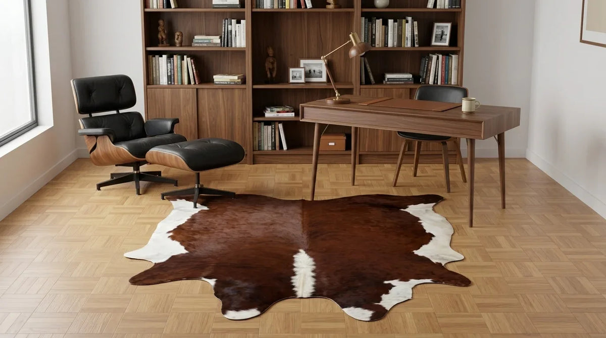 Brown and White cowhide rug under desk in midcentury modern home office