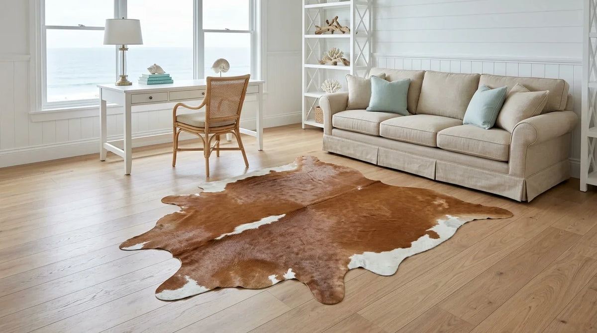 Brown and White cowhide rug under desk in hamptons coastal home office