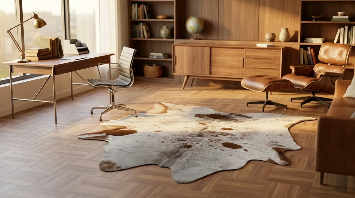 Brown and White cowhide rug under desk in midcentury modern home office