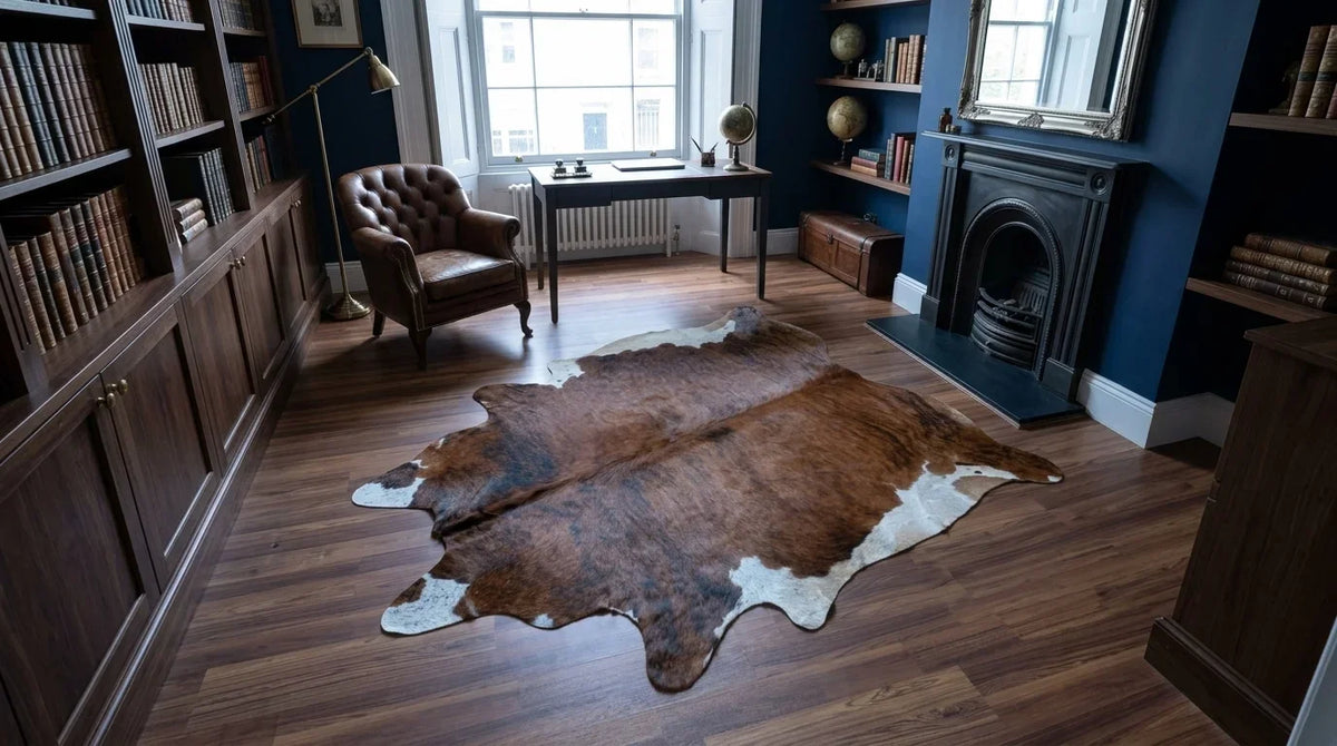 Brown and White cowhide rug under desk in london townhouse home office