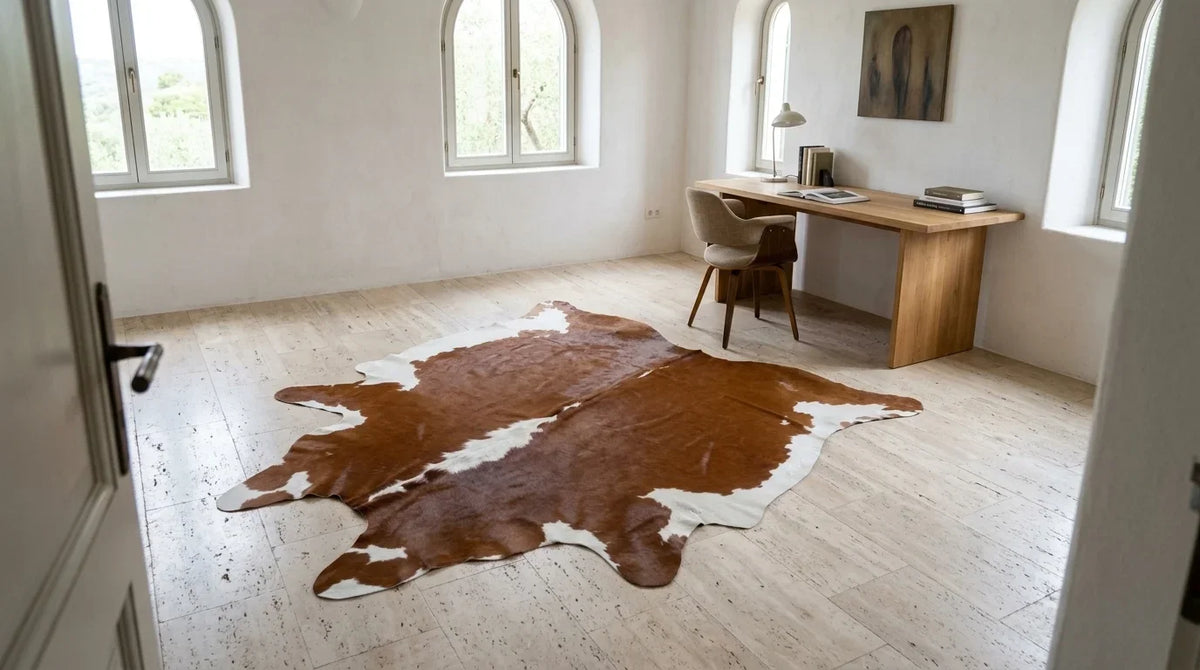 Brown and White cowhide rug under desk in organic mediterranean home office