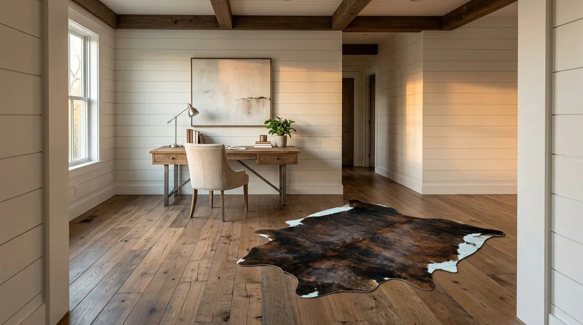 Brown and White cowhide rug under desk in modern farmhouse home office