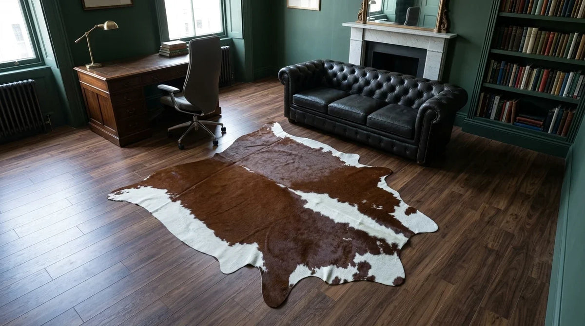 Kuhfell in Braun-Weiß im Arbeitszimmer im Londoner Stadthaus-Stil