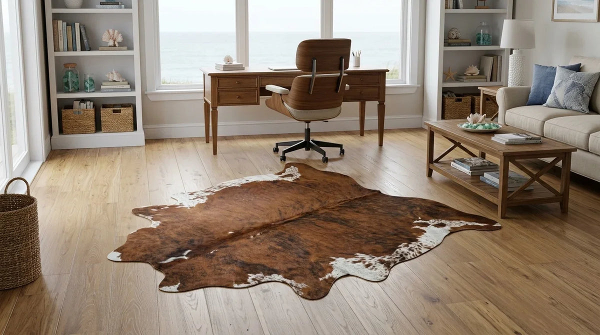 Brown and White cowhide rug under desk in hamptons coastal home office