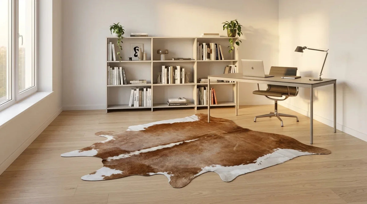 Brown and White cowhide rug under desk in contemporary european home office