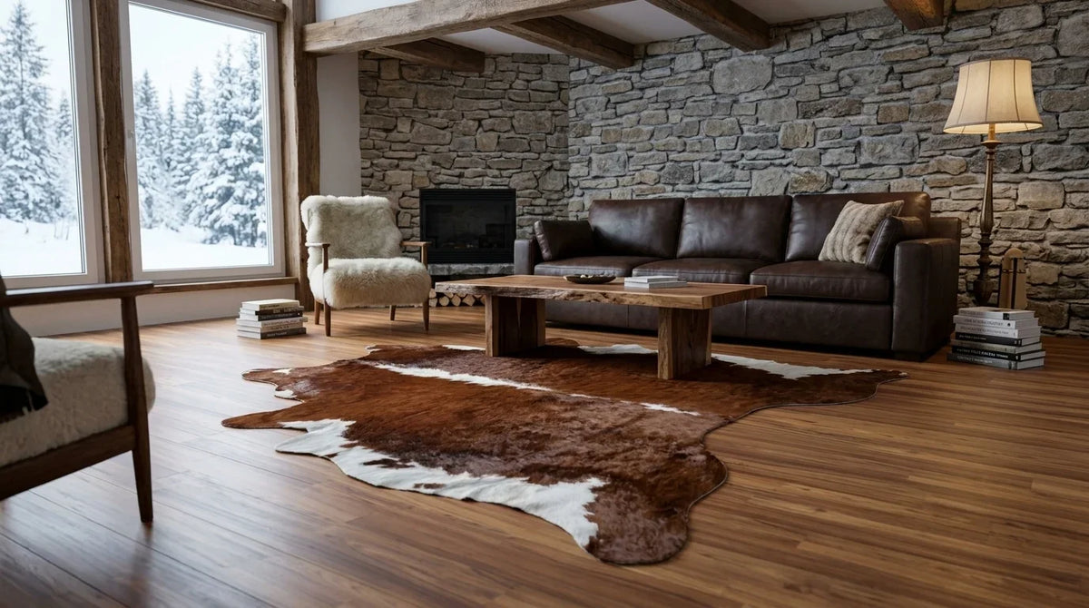 Brown and White cowhide rug on hardwood floor in modern chalet living room