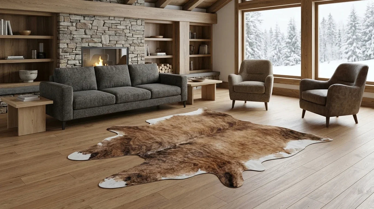 Kuhfell in Braun-Weiß im Wohnzimmer im alpinen Chalet-Stil